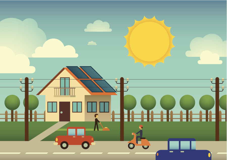 grafische voorstelling huis straat electriciteitspalen zonnepanelen
